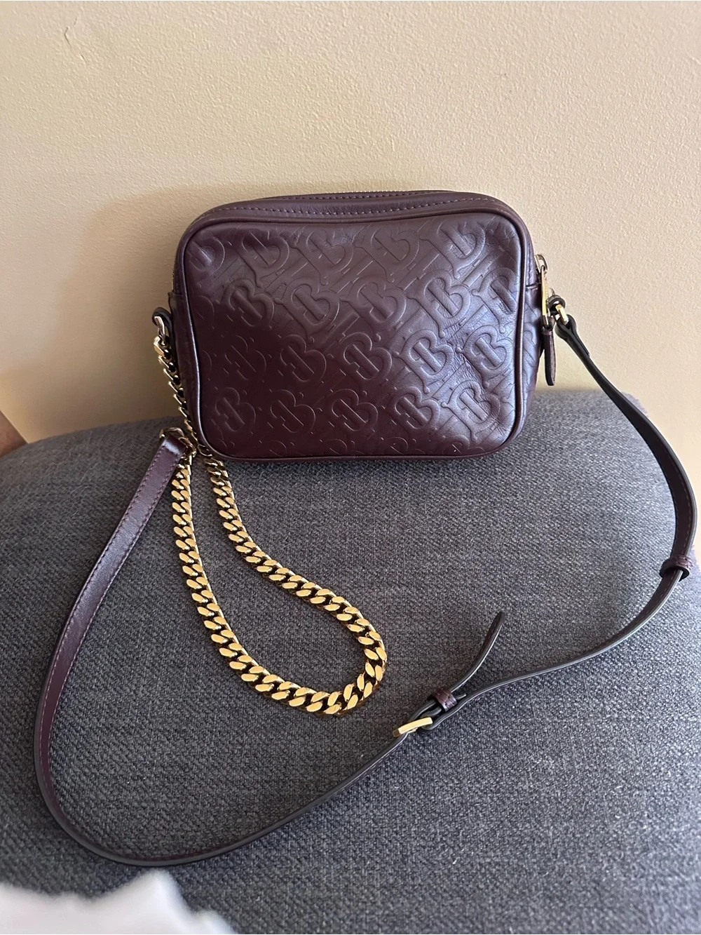 Burberry AUTHENTIC leather TB Monogram Deep Plum Crossbody Bag Gold Chain Accent